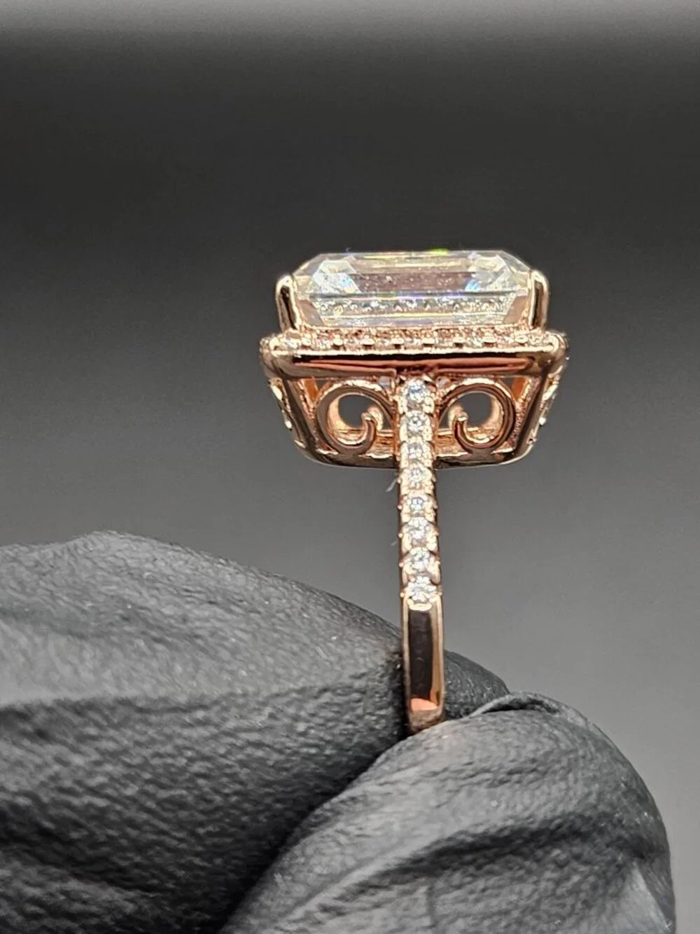 925 sterling silver moissanite 14k rose gold emerald cut halo ring sz 9 12.21ct
